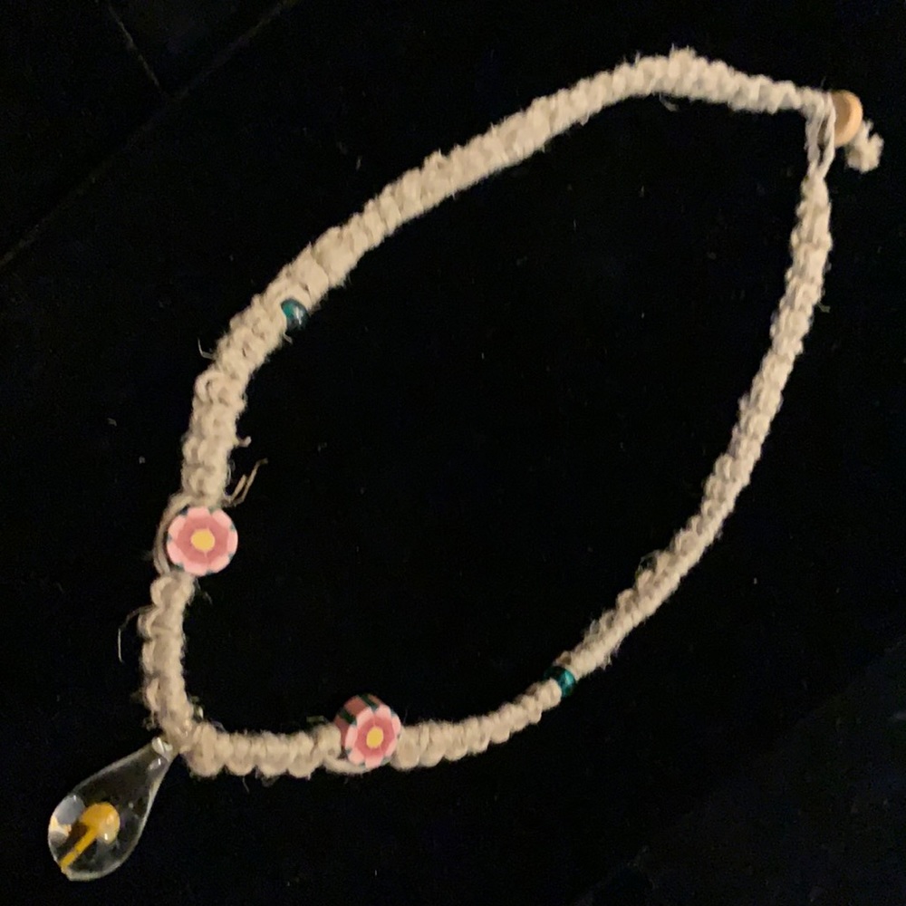 3/$20 Handmade hemp necklace with glass Mushroom teardrop pendant